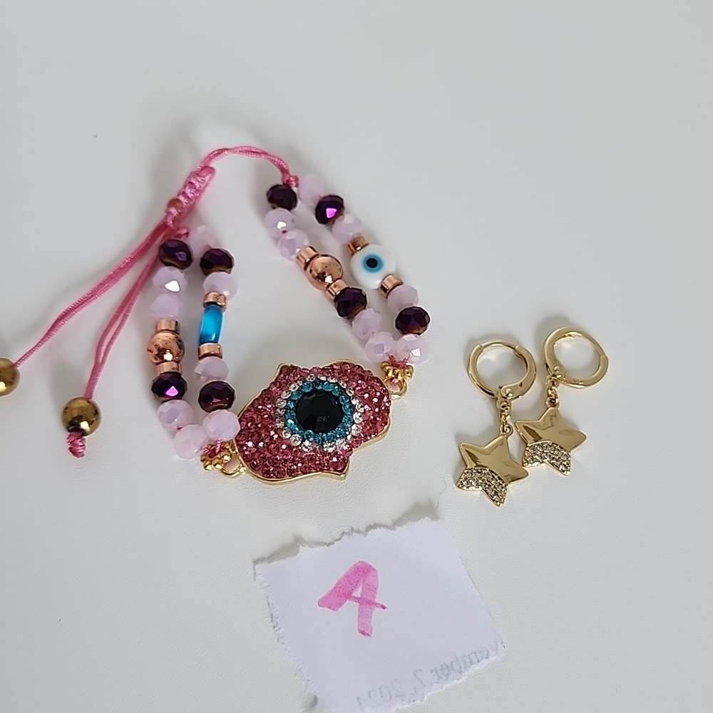Hot Trend Evil Eye Bracelet Pink Adjustable + Gold Star Earrings Bundle Cute - Picture 6 of 6